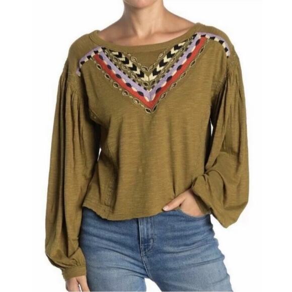 Free People Hand Me Down Moss Embroidered Collar Top M/L - Picture 1 of 13